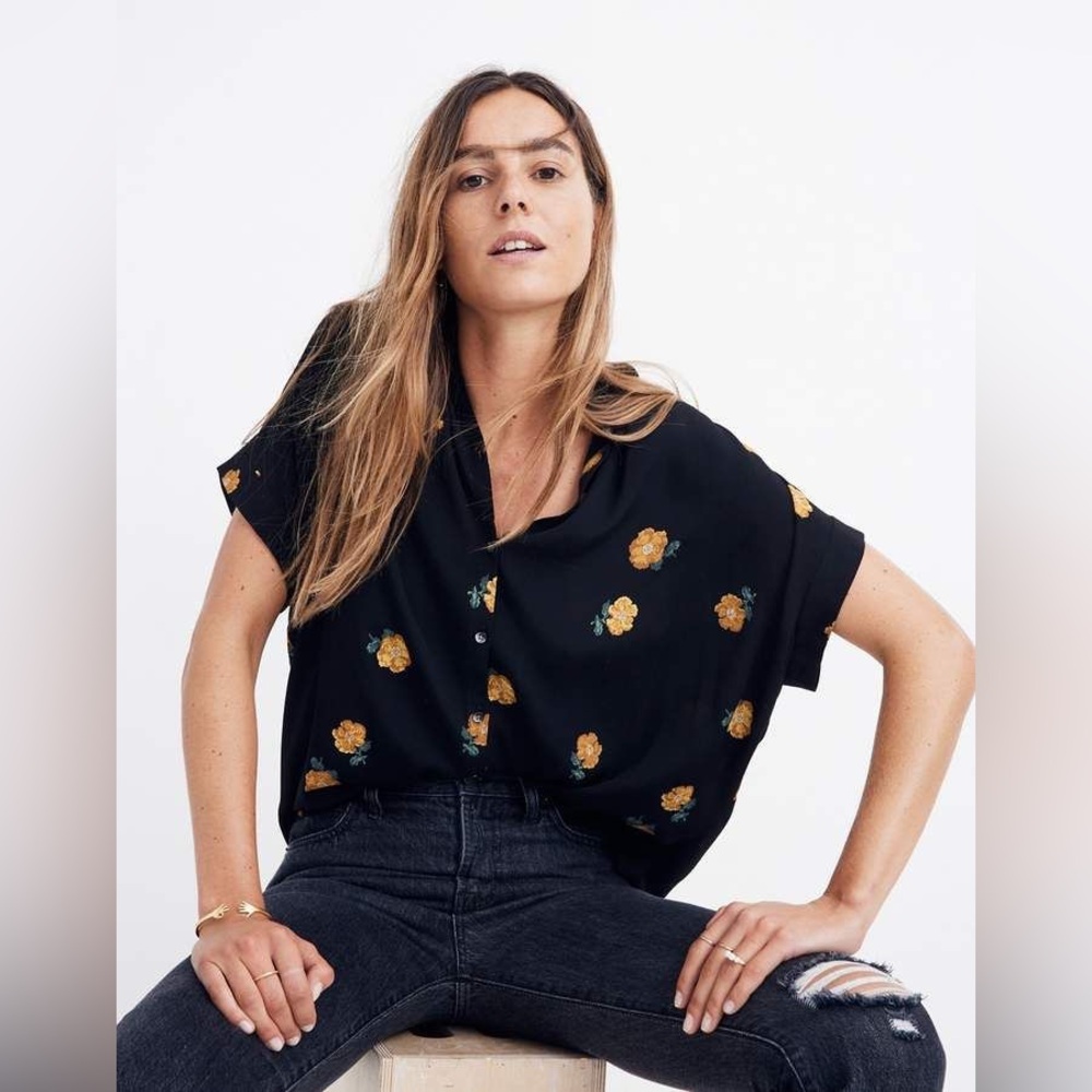 Madewell Womens Blouse Size S Black Floral Button Up Short Sleeve Top